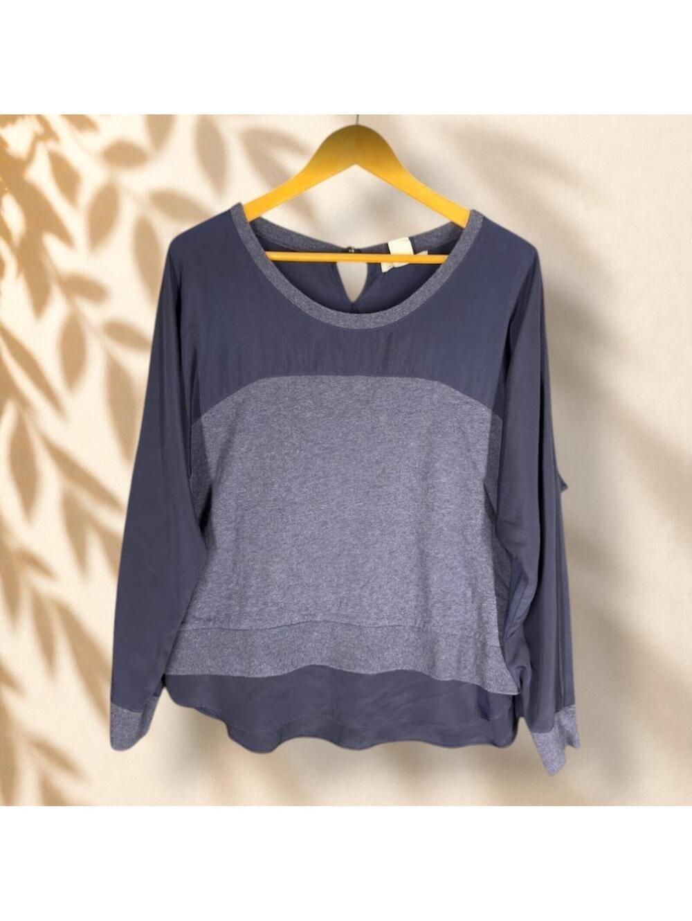 Liz Claiborne Blouse Women L Large Blue Long Sleeve Round Neck Hook & Eye Cotton